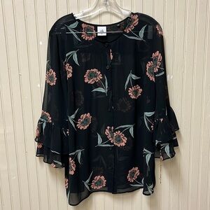 Cabi sheer black floral print top with double ruffle bell sleeves SZ M